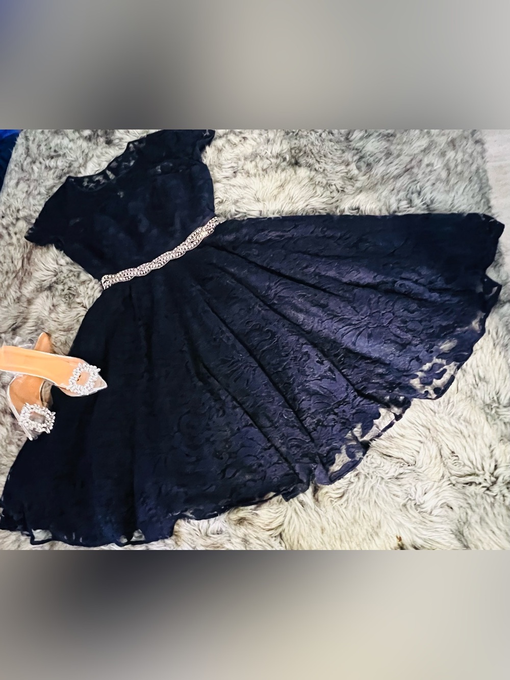 Ted Baker Navy Lace Fit-and-Flare Dress with Crystal Waistband